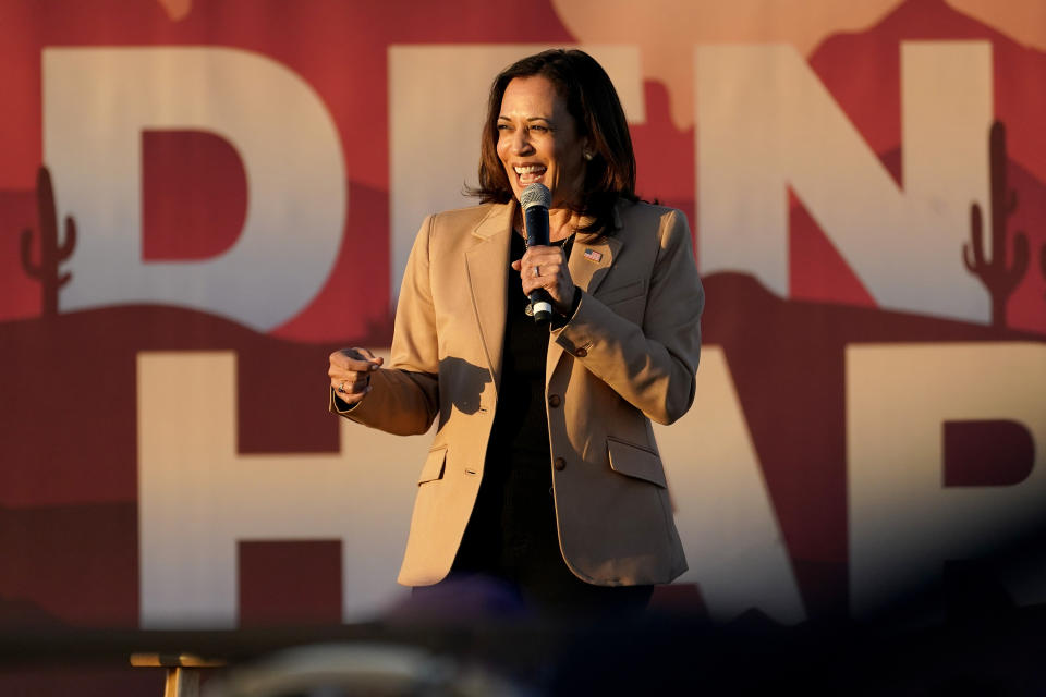 Democratic vice presidential candidate Sen. Kamala Harris, D-Calif., speaks at a mobile campaign event, Wednesday, Oct. 28, 2020, in Phoenix. (AP Photo/Matt York)