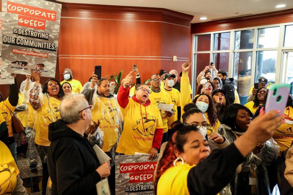 Protestors with Action NC and Renters Rising hold a rally at Invitation Homes’ Charlotte office on Wednesday, January 25, 2023. Invitation Homes is one of the largest national corporate landlords.