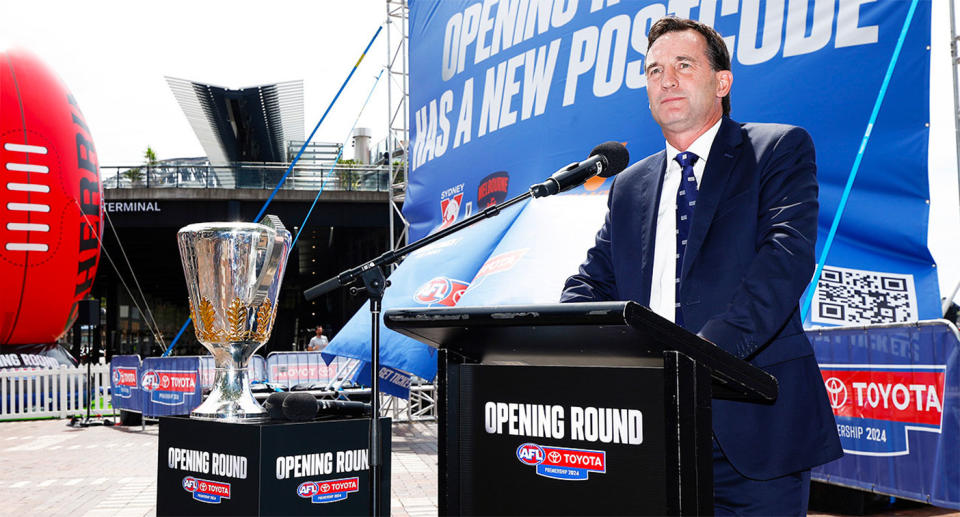 Seen here, AFL CEO Andrew Dillon talks up Opening Round.