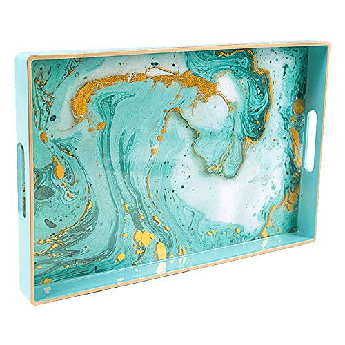 MAONAME Turquoise Decorative Tray with Handles, Plastic Serving Tray for Coffee Table, Marbling Rectangular Tray for Ottoman, Bathroom, Storage, 15.7