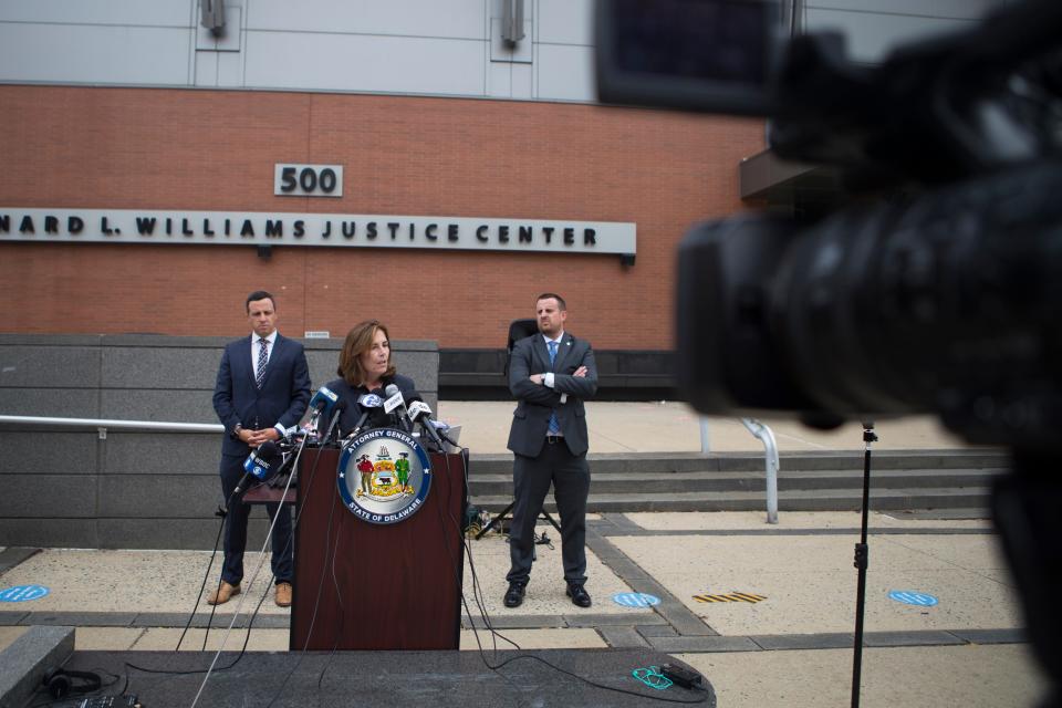 Attorney General Kathy Jennings speaks at a press conference on Monday, Oct. 11, in front of the Leonard L. Williams Justice Center.