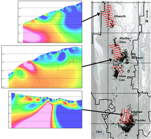 Plan view of 28 IP lines in the 2023 PGP exploration program. IP lines shown in red and historical diamond drill holes shown in black.