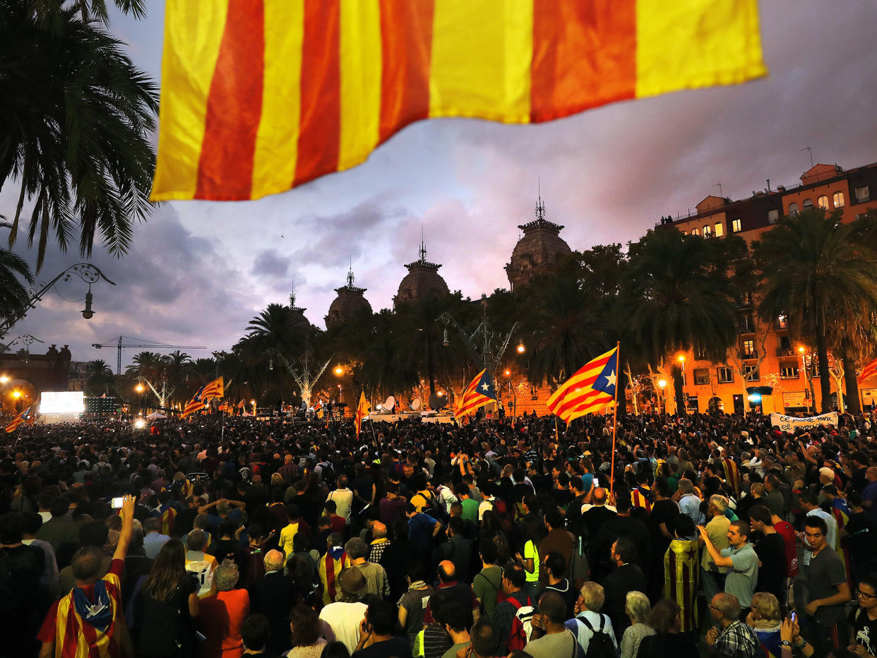 Thousands gathered to listen to Catalan President Carles Puigdemont in the regional Parliament in Barcelona: EPA