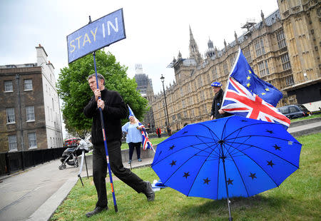 Anti-Brexit protesters are seen near the Houses of Parliament in London, Britain, May 3, 2019. REUTERS/Toby Melville