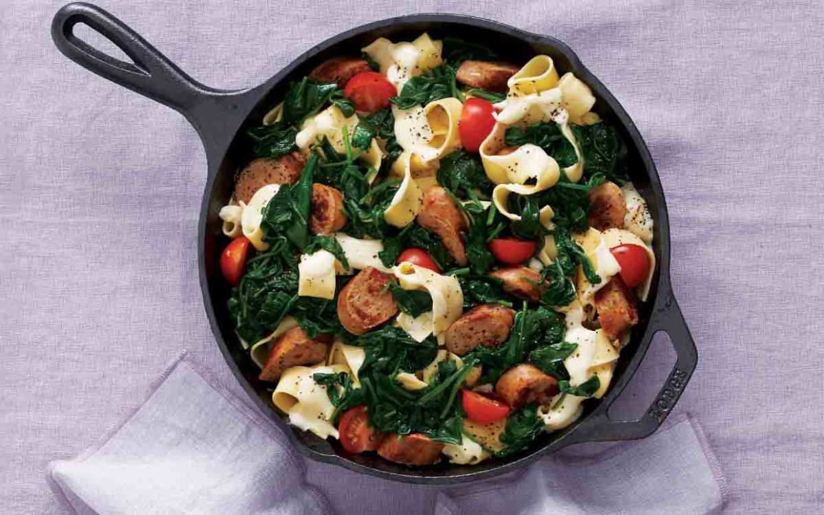 <p>Mark Boughton</p><p>All you need is five ingredients (plus salt, pepper and oil) to put this satisfying cheesy pasta with sausage and spinach on the table—fast!</p><p><strong>Get the recipe: <a href="/853772/lisawaddle/cheesy-pasta-with-sausage-spinach/" data-ylk="slk:Cheesy Pasta with Sausage and Spinach;elm:context_link;itc:0;sec:content-canvas" class="link rapid-noclick-resp"><em>Cheesy Pasta with Sausage and Spinach</em></a></strong></p>