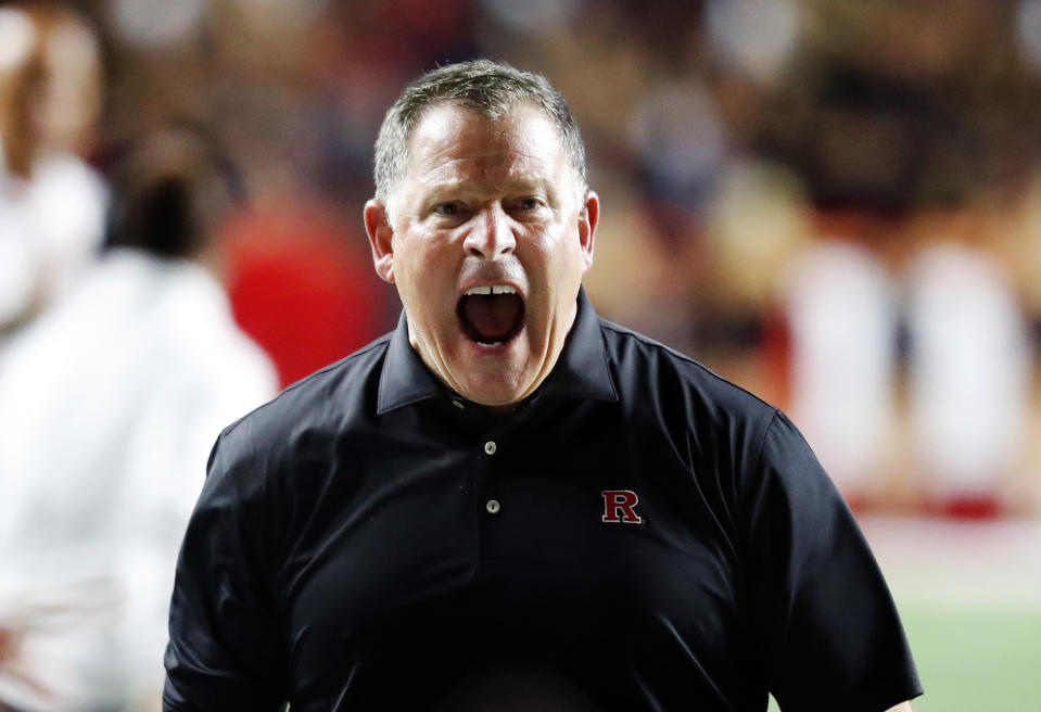 Rutgers head coach Greg Schiano react after a penalty against his team during the second half of an NCAA college football game,against Temple, Saturday, Sept. 9, 2023, in Piscataway, N.J. (AP Photo/Noah K. Murray)