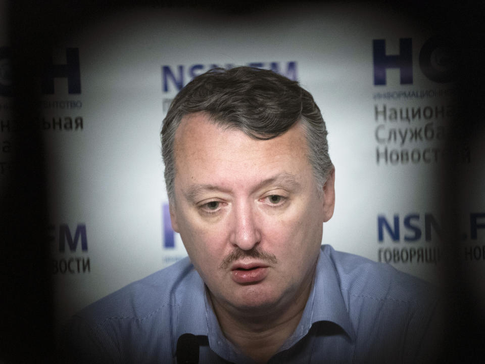 FILE - Igor Girkin, also know as Igor Strelkov, the former military chief for Russia-backed separatists in eastern Ukraine speaks during a news conference in Moscow, Tuesday, Nov. 13, 2018. Strelkov, a high-profile Russian hard-line official who harshly criticized President Vladimir Putin over fighting in Ukraine was detained Friday, July 21, 2023 on charges of extremism, a signal the Kremlin has toughened its approach to hawkish critics after last month's abortive mutiny by the Wagner mercenary company. (AP Photo/Pavel Golovkin, File)