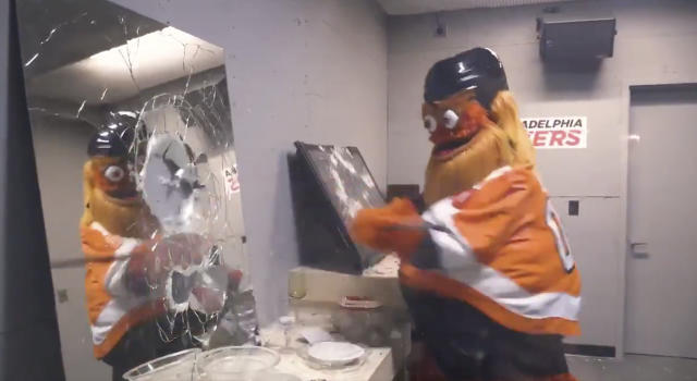 Watch Philadelphia Flyers mascot Gritty destroy Wells Fargo Center 'rage  room