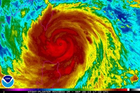 Super Typhoon Usagi is seen heading west-northwest between the Philippines and Taiwan through the Luzon Strait in this 1732 GMT September 20, 2013 handout shortwave infrared satellite image by the National Oceanic and Atmospheric Administration (NOAA). REUTERS/NOAA/Handout via Reuters