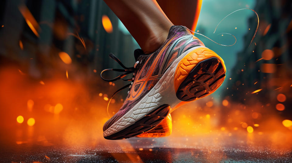 A sportsperson running with style and grace, embodying the company's performance footwear.