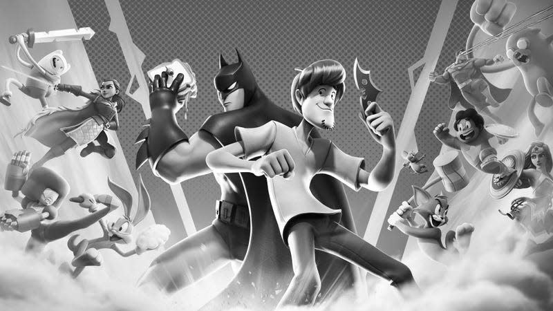 Black and white promo art for MultiVersus shows Shaggy and Batman back to back. 