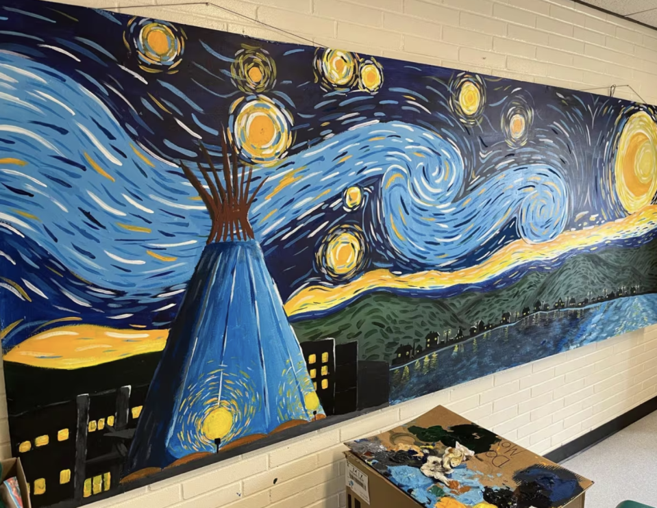 The mural painted by Sekota McArthur features a teepee and rolling hills. (Submitted by Bailey Antonishyn )