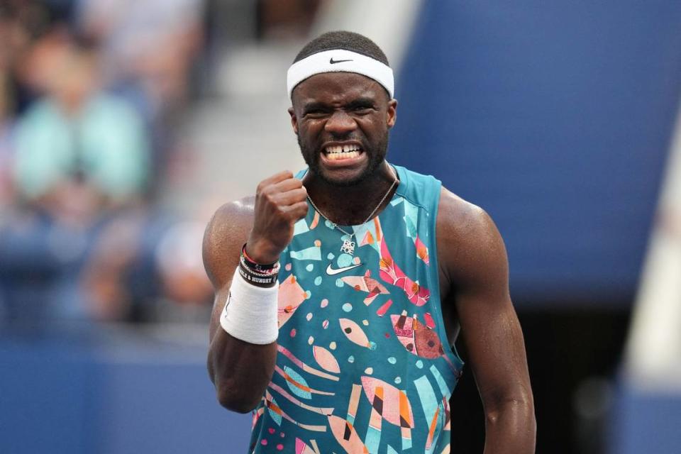 Sep 3, 2023; Flushing, NY, USA; Frances Tiafoe of the United States reacts to winning a point before matchpoint against Rinky Hijikata of Australia on day seven of the 2023 U.S. Open tennis tournament at USTA Billie Jean King National Tennis Center. Mandatory Credit: Danielle Parhizkaran-USA TODAY Sports