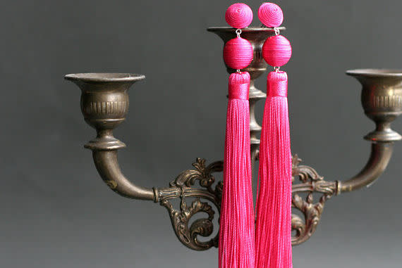 Extra Long Hot Pink Tassel Clip-On Earrings