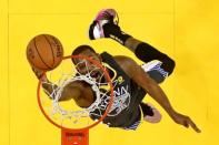 June 3, 2018; Oakland, CA, USA; Golden State Warriors forward Kevin Durant (35) shoots the ball against the Cleveland Cavaliers in game two of the 2018 NBA Finals at Oracle Arena. Ezra Shaw/pool photo via USA TODAY Sports