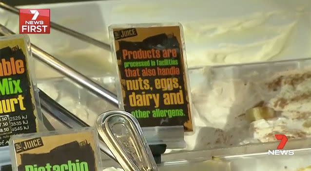 Today an allergen warning was displayed alongside the yoghurt, which Melissa claims was not there yesterday. Picture: 7 News