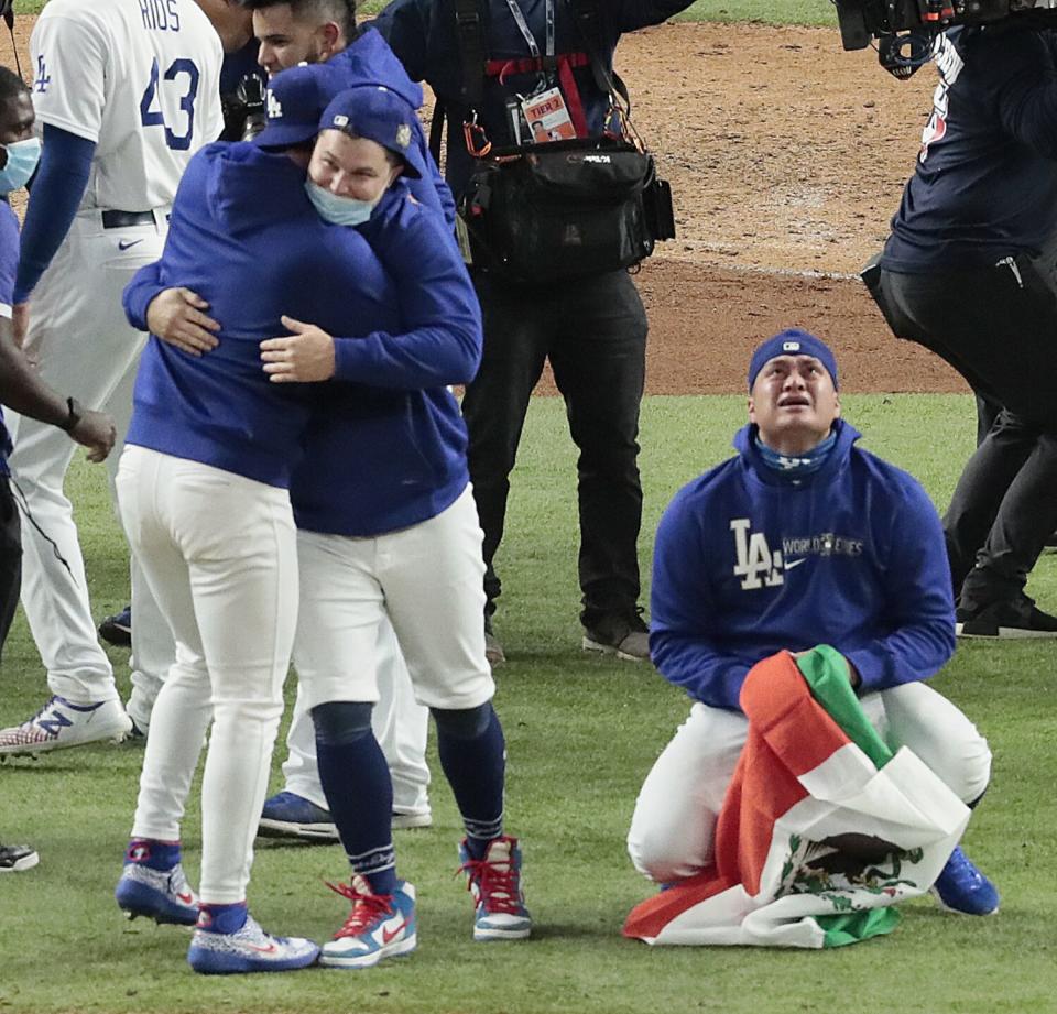 Dodgers celebrate winning the World Series on Oct. 27, 2020, in Arlington, Texas.