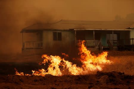 Grass burns in front of a home near along Wilburs Way during the Detwiler fire in Mariposa, California U.S. July 19, 2017. REUTERS/Stephen Lam