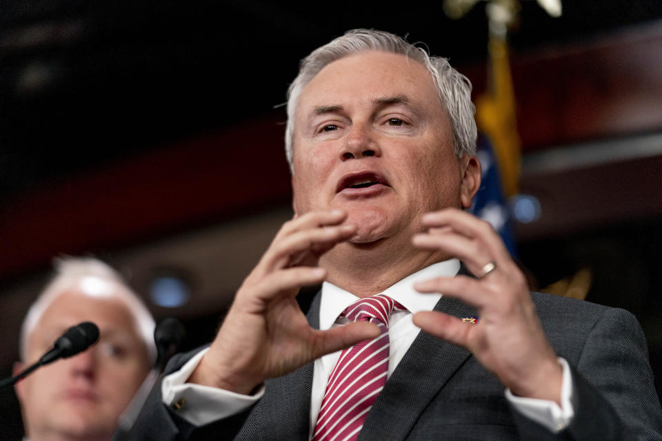 House Committee on Oversight and Accountability Chairman Rep. James Comer Jr., R-Ky., accompanied by House Republicans, speaks during a news conference on their investigation into the Biden Family on Capitol Hill in Washington, Wednesday, May 10, 2023. (AP Photo/Andrew Harnik)