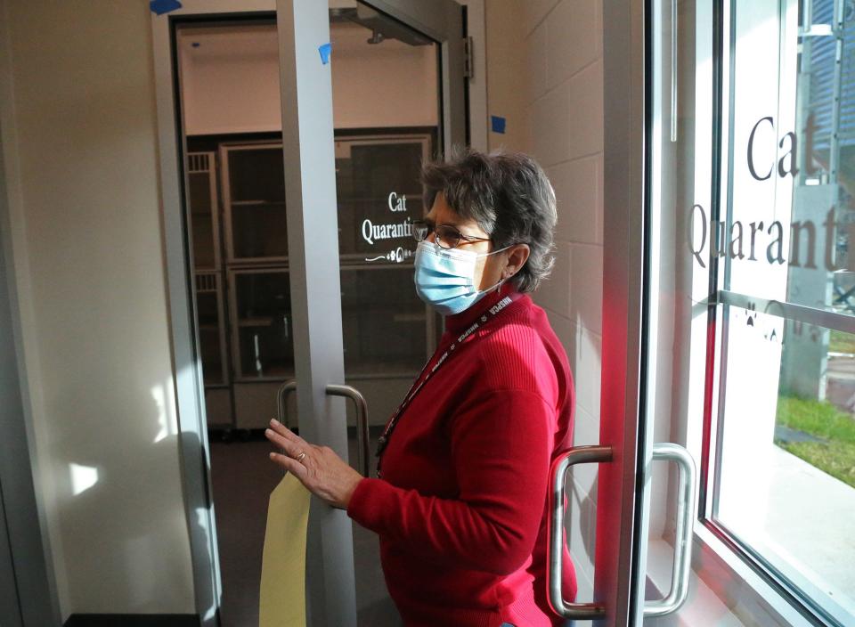 Lisa Dennison, executive director of the New Hampshire SPCA, shows off the new cat quarantine rooms during a tour of the expansion project of the Stratham campus Friday, Dec. 3, 2021.