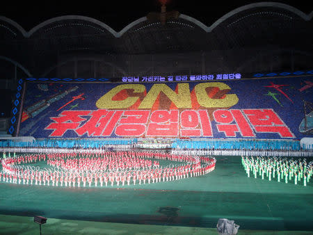 North Koreans perform during mass games in Pyongyang, August 2011. Choson Exchange/via REUTERS