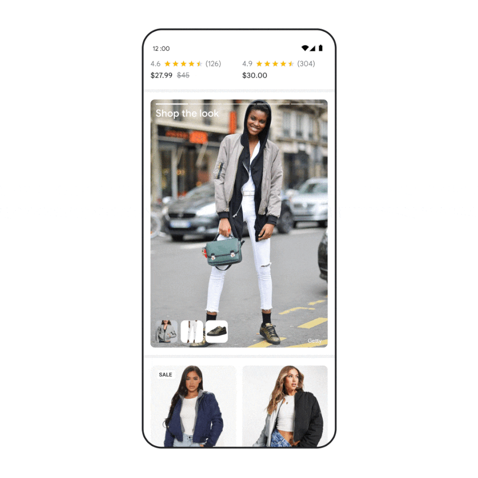 A search for women’s bomber jackets, with the “Shop the Look” feature in action.