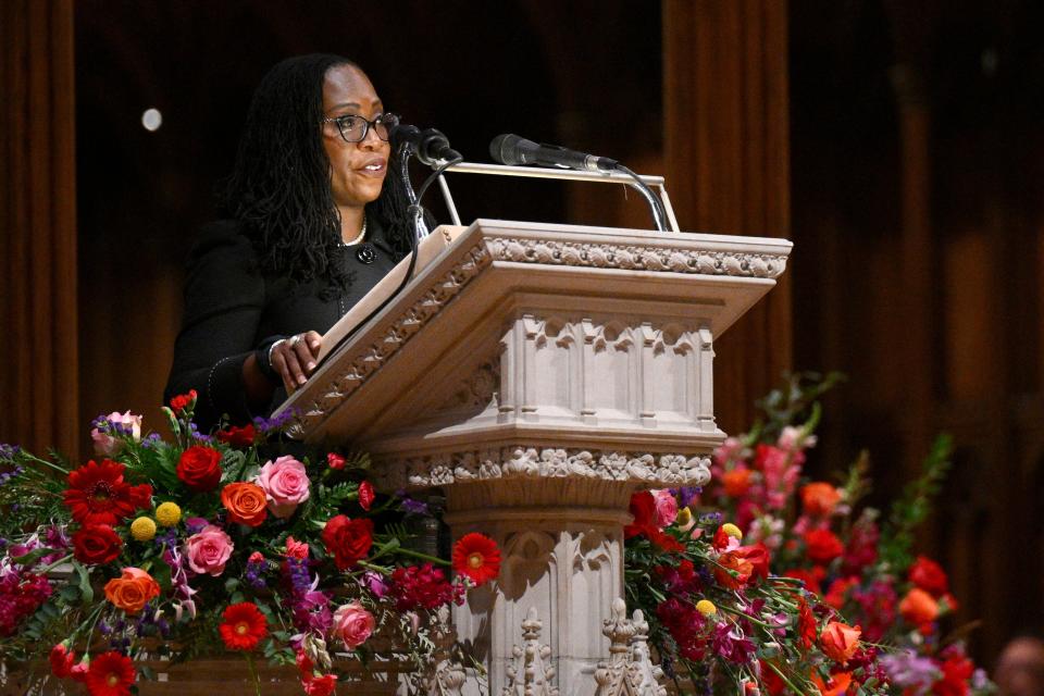 Supreme Court Associate Justice Ketanji Brown Jackson speaks at an unveiling and dedication ceremony Saturday at the Washington National Cathedral for the new stained-glass windows with a theme of racial justice.