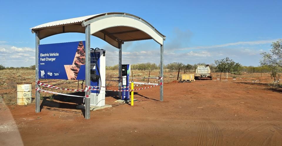 A Horizon DC charger at the Sandfire Roadhouse 300kms south of Broome that will be switched on once the solar panels are installed by mid July. Source: Supplied