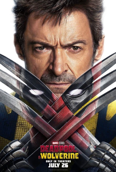 Hugh Jackman's Wolverine reflects Deadpool in his claws in a poster for Deadpool and Wolverine.