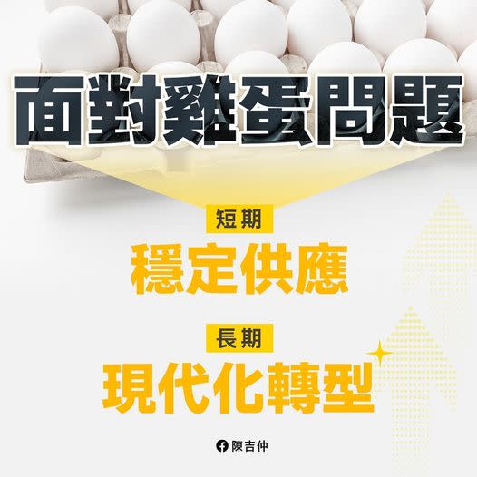 雞蛋批發價每台斤今天調漲2元，行政院農業委員會主委陳吉仲表示，短期會全力透過大型通路推出平價專區。（取自陳吉仲臉書）
