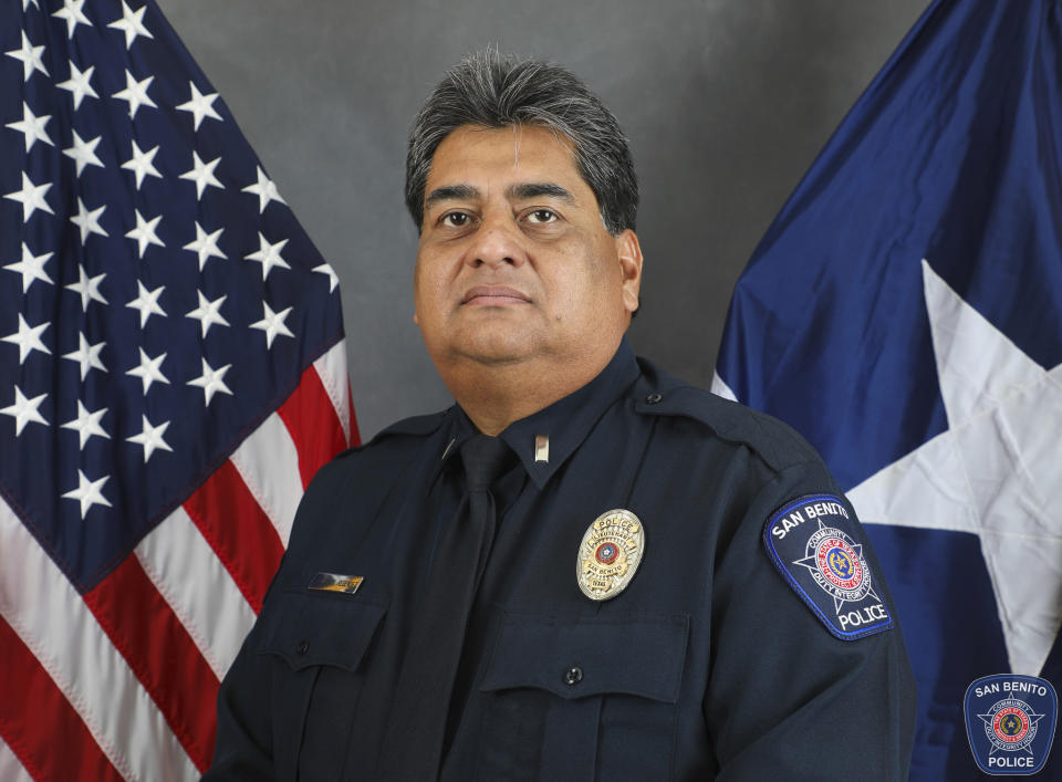 This undated photo provided by San Benito Police Department shows San Benito Lt. Milton Resendez, who was fatally shot Tuesday night, Oct. 17, 2023, in San Benito, Texas. Lt. Resendez was killed after he joined an hourslong pursuit of two men who fled a traffic stop and led officers on a chase through several cities before they were arrested, authorities said. (San Benito Police Department via AP)