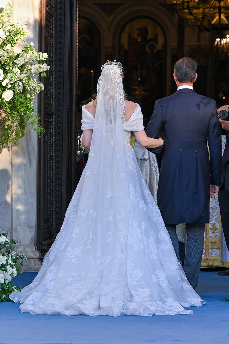 ATHENS, GREECE - SEPTEMBER 28:Theodora of Greece arrives on the arm of her brother Pavlos, Crown Prince of Greece, to her wedding at the Metropolis Greek Orthodox Cathedral on September 28, 2024 in Athens, Greece. (Photo by Milos Bicanski/Getty Images)