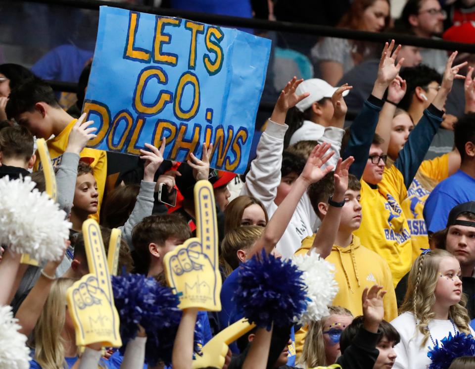 Fans cheer during the IHSAA boy’s basketball game between the Frankfort Hot Dogs and the Rossville Hornets celebrating the 30th anniversary of the film “Blue Chips”, Saturday, Jan. 13, 2024, at Case Arena in Frankfort, Ind.