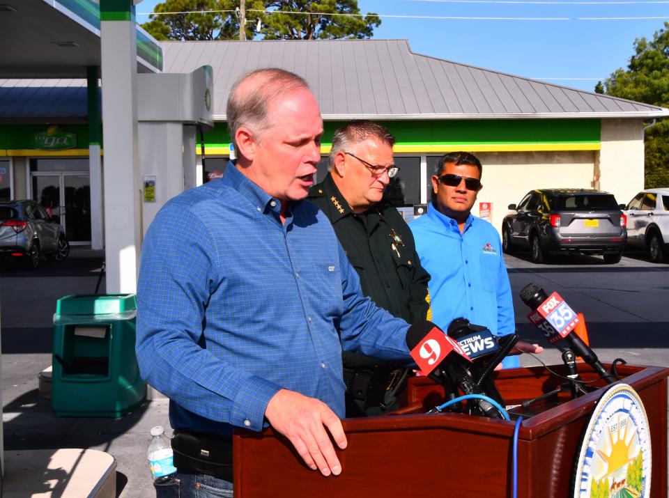 Florida Commissioner of Agriculture Wilton Simpson was in Titusville Friday morning at the BP gas station on U.S. 1 with Sheriff Wayne Ivey and Southeast Petro President Summit Shah for a press conference announcing new inspection seals on gas pumps statwide. The stickers bear a safety warning “Never leave children or pets in a hot car." They put the first new sticker on a gas pump at the station.