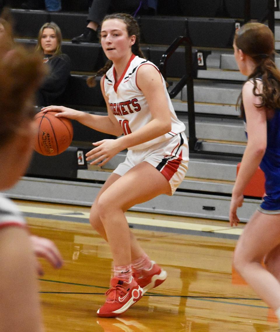 Gillian Goldstein of Honesdale looks for an open teammate during recent Lackawanna League hoops action.