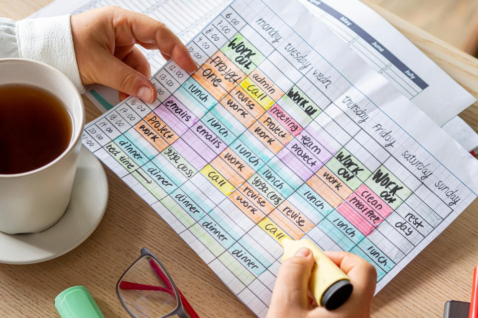 Blocked out paper schedule for work from home exercise