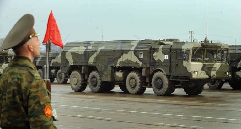 Russia rattled neighbouring NATO states in 2016 after deploying Iskander ballistic missiles, pictured in April 2010, into the heavily militarised Kaliningrad