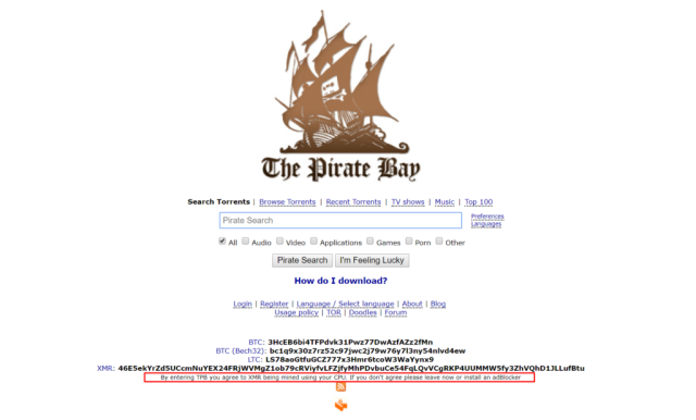 The Pirate Bay Is Using Visitors' Computers to Mine Monero Again