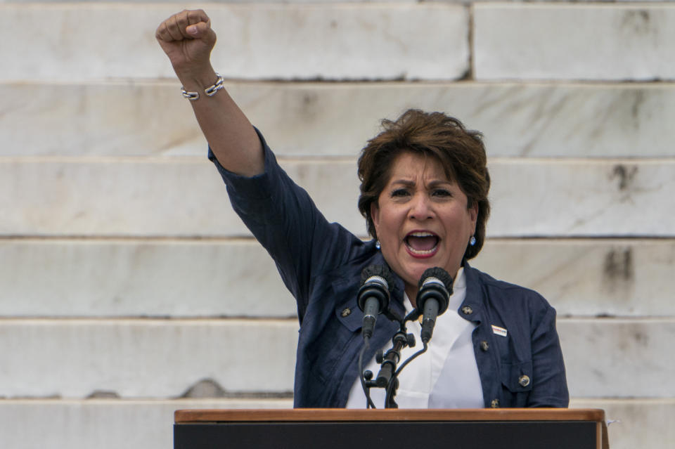 FILE - Janet Murguia, president of UnidosUS, speaks during the March on Washington, Friday Aug. 28, 2020, at the Lincoln Memorial in Washington, on the 57th anniversary of the Rev. Martin Luther King Jr.'s "I Have A Dream" speech. (AP Photo/Jacquelyn Martin, Pool, File)