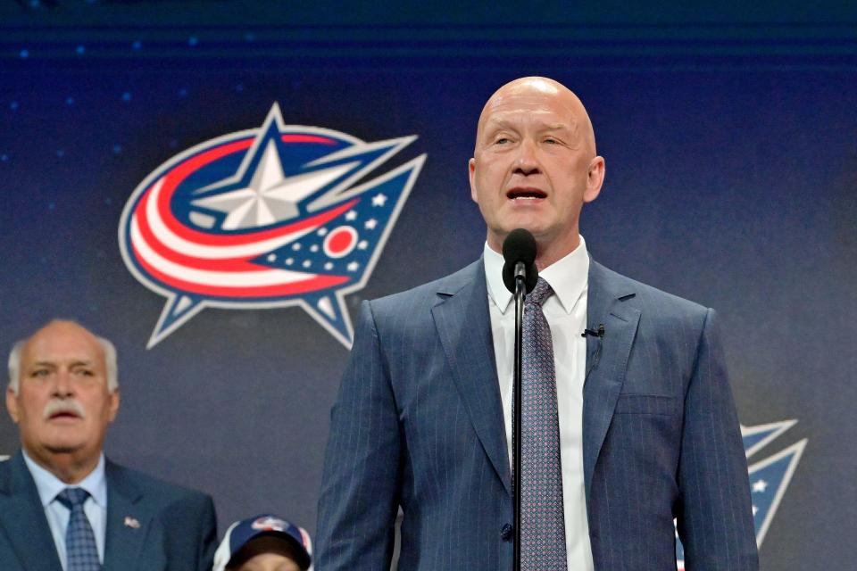 Jul 7, 2022; Montreal, Quebec, CANADA; Columbus Blue Jackets general manager Jarmo Kekalainen announces David Jiricek (not pictured) as the number six overall pick to the Columbus Blue Jackets in the first round of the 2022 NHL Draft at Bell Centre. Mandatory Credit: Eric Bolte-USA TODAY Sports