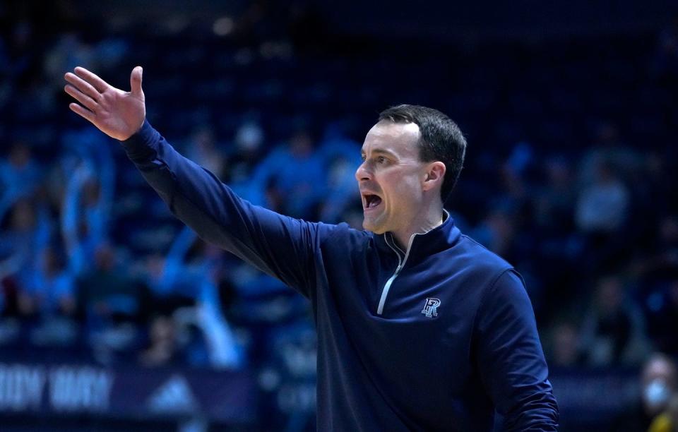 URI men's basketball head coach Archie Miller works the sideline against VCU in February.