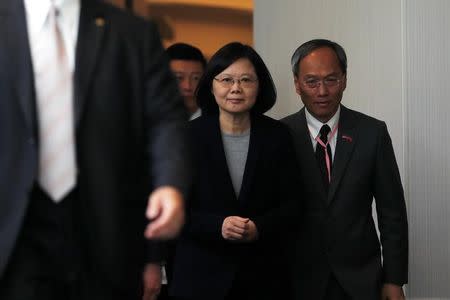 Taiwan President Tsai Ing-wen arrives for a luncheon during a stop-over after her visit to Latin America in Burlingame, California, U.S., January 14, 2017. REUTERS/Stephen Lam