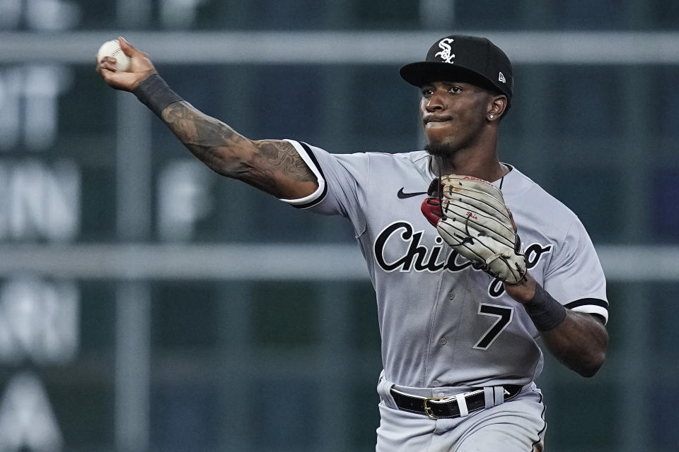 Chicago White Sox shortstop Tim Anderson throws out Houston Astros' Mauricio Dubon on a ground ball during the seventh inning of a baseball game Thursday, March 30, 2023, in Houston. (AP Photo/Kevin M. Cox)