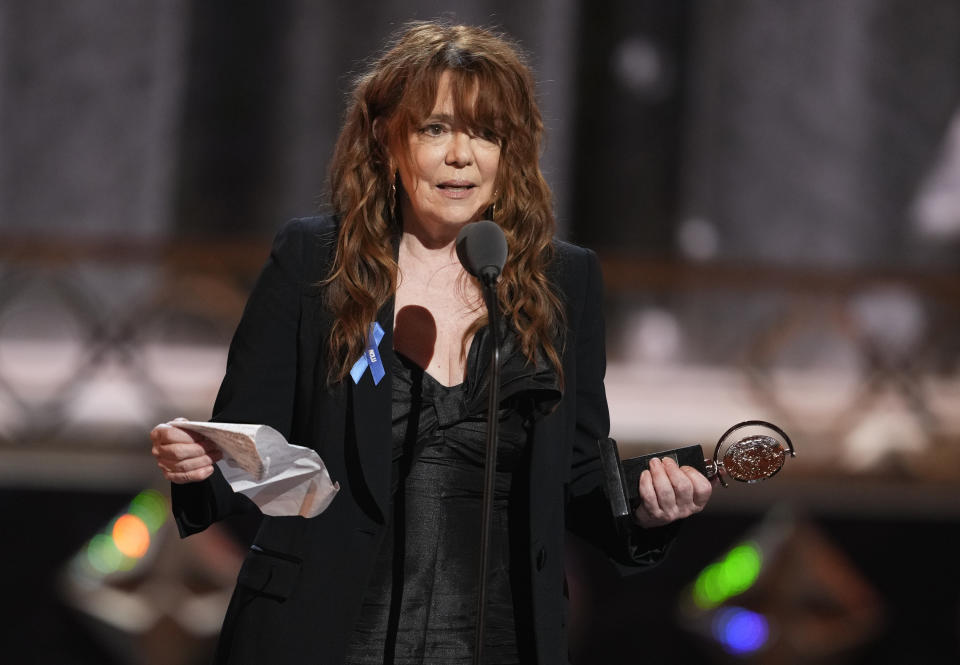 Deirdre O'Connell accepts the award for best leading actress in a play for "Dana. H" at the 75th annual Tony Awards on Sunday, June 12, 2022, at Radio City Music Hall in New York. (Photo by Charles Sykes/Invision/AP)