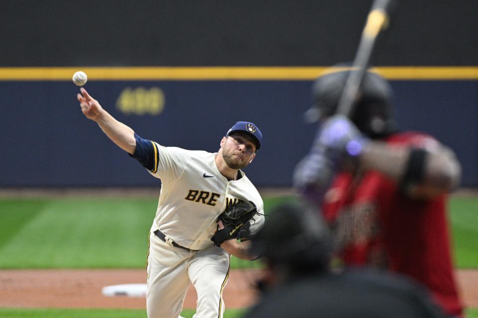 Milwaukee Brewers starting pitcher Corbin Burnes (39) delivers a pitch against the Arizona Diamondbacks in the first inning during game one of the Wildcard series for the 2023 MLB playoffs at American Family Field in Milwaukee on Oct. 3, 2023.