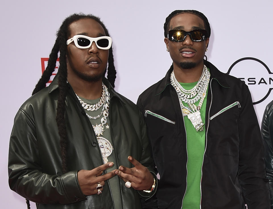 FILE - Takeoff, left, and Quavo of Migos, arrive at the BET Awards in Los Angeles on June 27, 2021. Houston police say one person was fatally shot and two others injured early Tuesday at a private party attended by members of the rap group Migos. (Photo by Jordan Strauss/Invision/AP File)