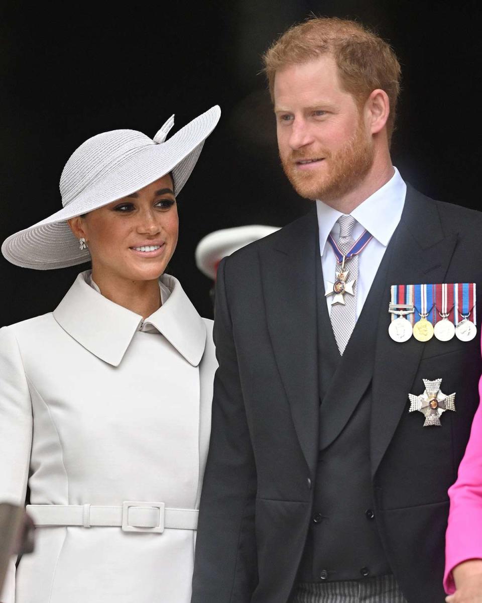 LONDON, ENGLAND - JUNE 03: Prince Harry, Duke of Sussex and Meghan, Duchess of Sussex depart after the National Service of Thanksgiving at St Paul’s Cathedral on June 03, 2022 in London, England. The Platinum Jubilee of Elizabeth II is being celebrated from June 2 to June 5, 2022, in the UK and Commonwealth to mark the 70th anniversary of the accession of Queen Elizabeth II on 6 February 1952. (Photo by Samir Hussein/WireImage,)