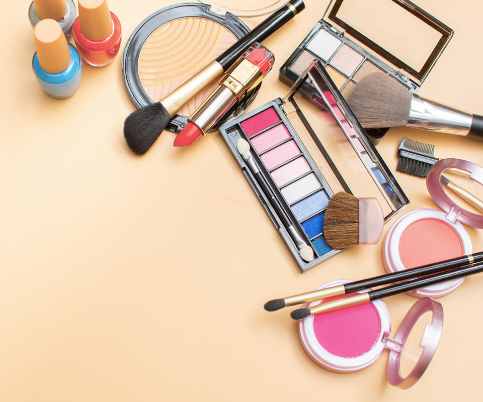 Makeup table with different coloured makeup