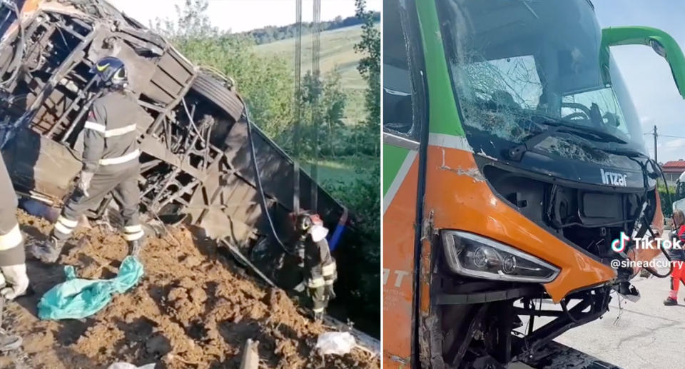 Bus wreckage after crash in Italy.