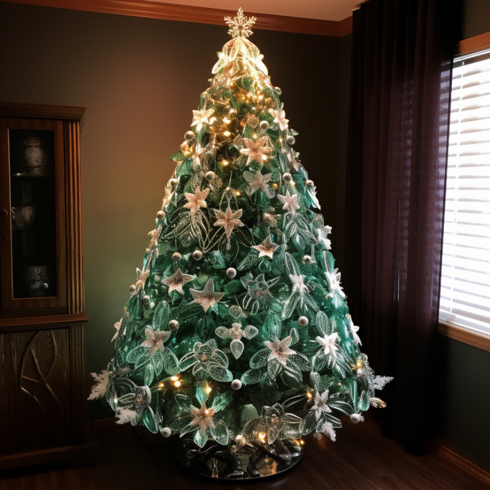 a very symmetrical Christmas tree in the corner of a room that's covered in golden lights and various floral and star ornaments with a glowing snow-flake like tree topper